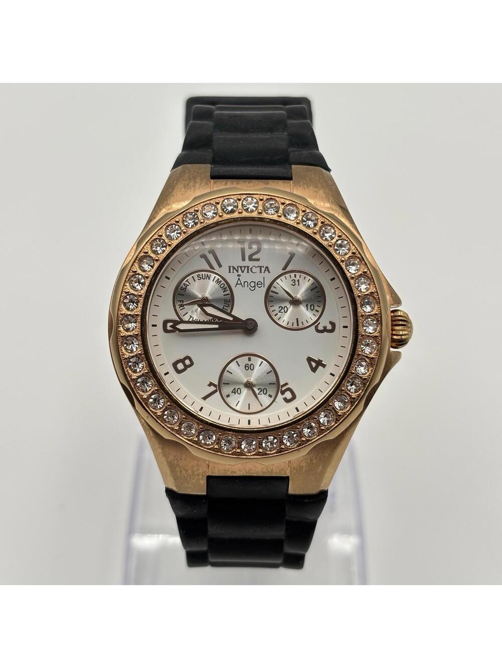 Invicta Angel Ladies Watch 38mm Rose Gold-Tone Crystal Accented Bezel Day/Date